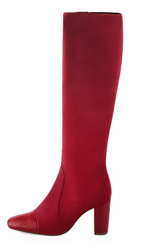 Cardinal red women's feminine knee-high boots. Round toe. High block heels. Made to measure. Profile view - Florence KOOIJMAN